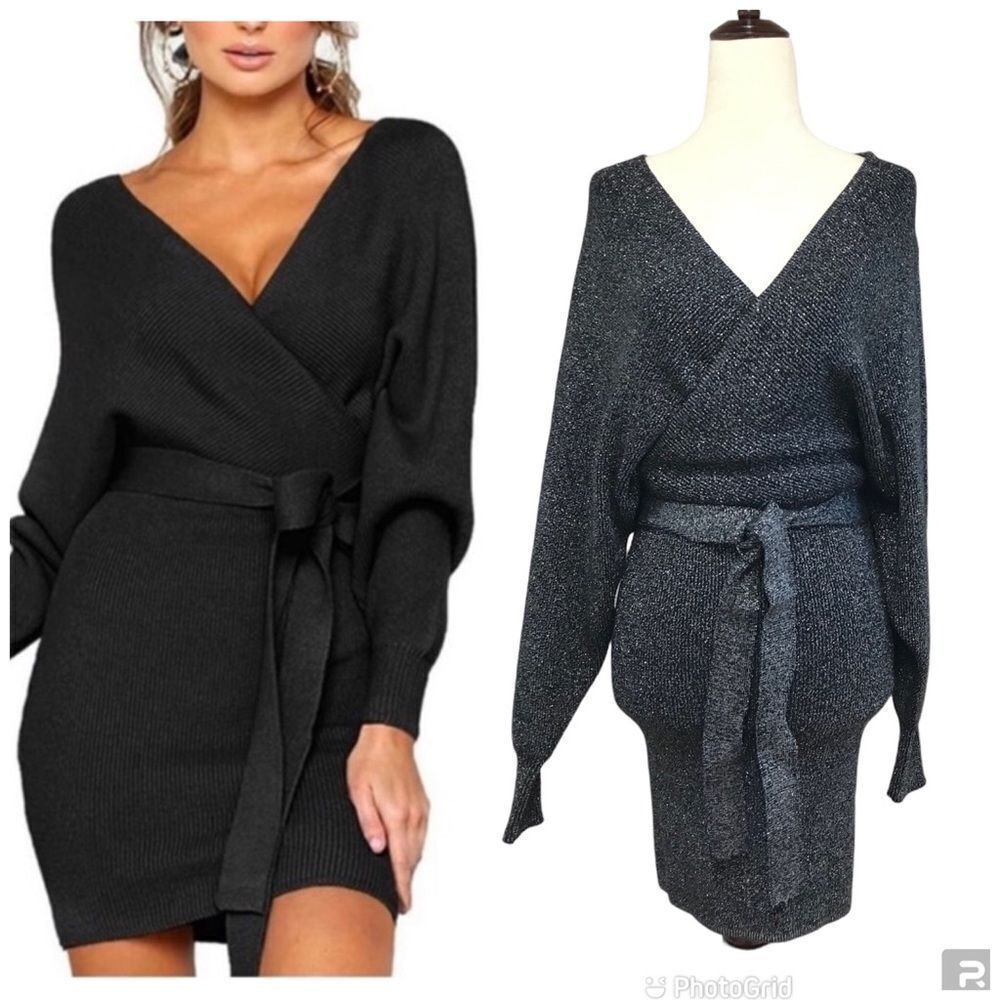 GIANNI BINI Alston Sexy Low Cut Sweater Dress Belted Black‎ Gray Sz XS Small New